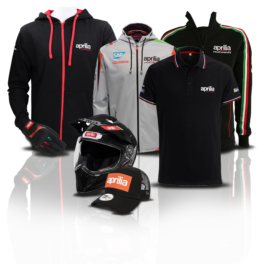 Articoli per fan Aprilia: caschi, giacche, guanti, cappellini e polo.